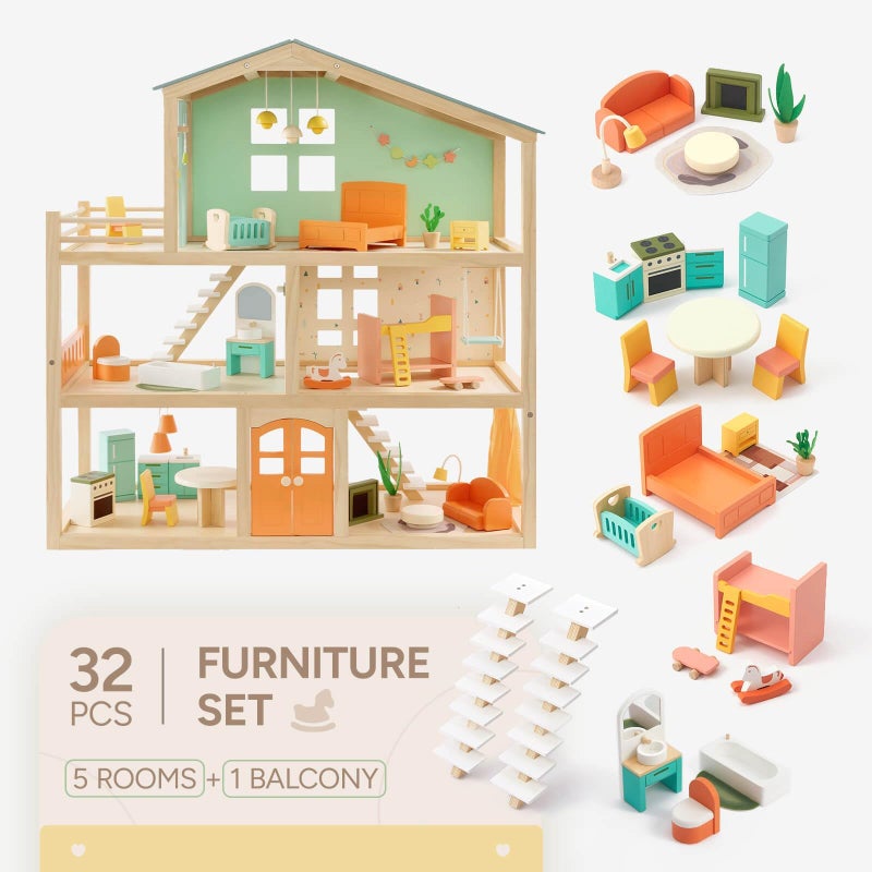 Giant bean Large Wooden Dollhouse with 32 Pcs Furniture Accessories, 3-Story Doll House 5 Rooms Balcony Wooden Stairs, Ideal Dollhouse Toy for Kids Ages 3+, 30" H x 28" L x 13" W - Image 2