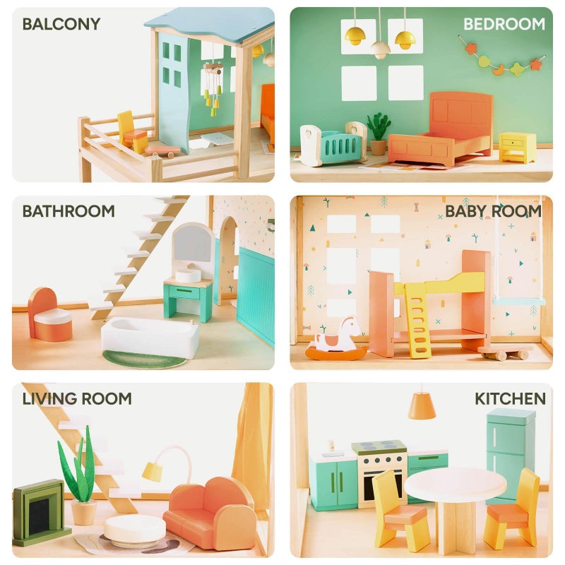 Giant bean Large Wooden Dollhouse with 32 Pcs Furniture Accessories, 3-Story Doll House 5 Rooms Balcony Wooden Stairs, Ideal Dollhouse Toy for Kids Ages 3+, 30" H x 28" L x 13" W - Image 5