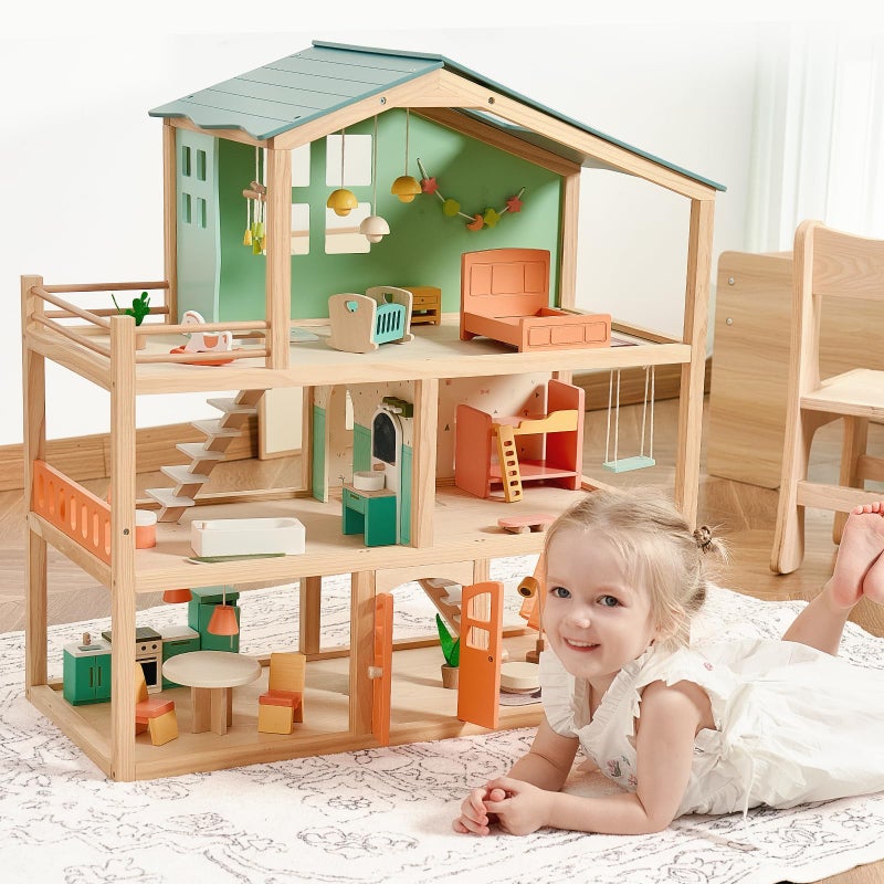 Giant bean Large Wooden Dollhouse with 32 Pcs Furniture Accessories, 3-Story Doll House 5 Rooms Balcony Wooden Stairs, Ideal Dollhouse Toy for Kids Ages 3+, 30" H x 28" L x 13" W - Image 3