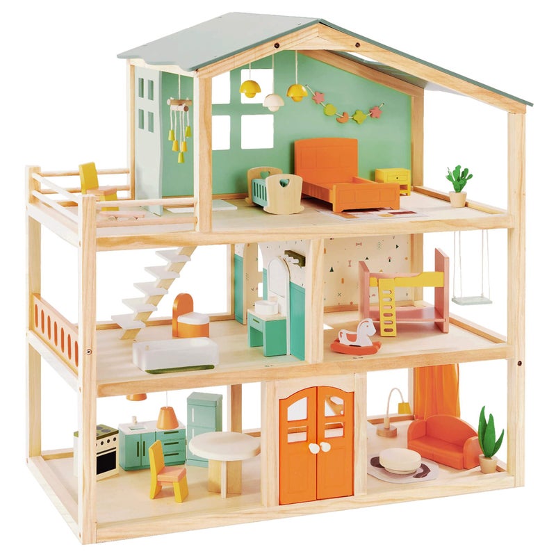 Giant bean Large Wooden Dollhouse with 32 Pcs Furniture Accessories, 3-Story Doll House 5 Rooms Balcony Wooden Stairs, Ideal Dollhouse Toy for Kids Ages 3+, 30" H x 28" L x 13" W - Image 1