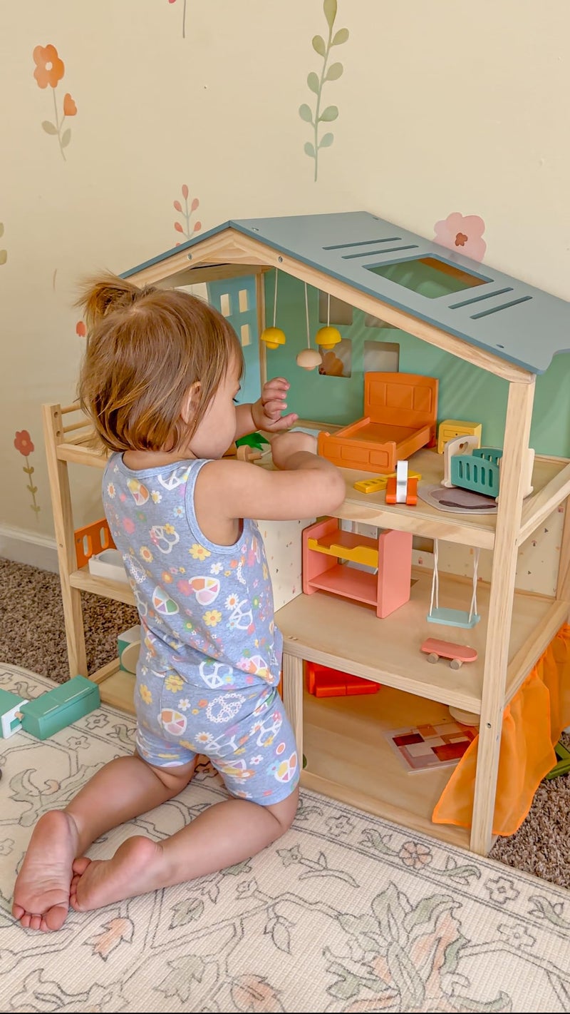 Giant bean Large Wooden Dollhouse with 32 Pcs Furniture Accessories, 3-Story Doll House 5 Rooms Balcony Wooden Stairs, Ideal Dollhouse Toy for Kids Ages 3+, 30" H x 28" L x 13" W - Image 4