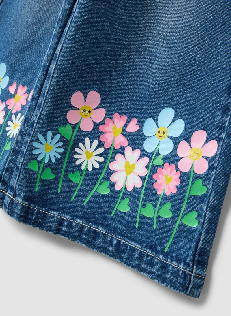 Ovs  OVS Blue Wide-Leg Pure Cotton Jeans With Floral Print For Girls for Women | Best Price UAE