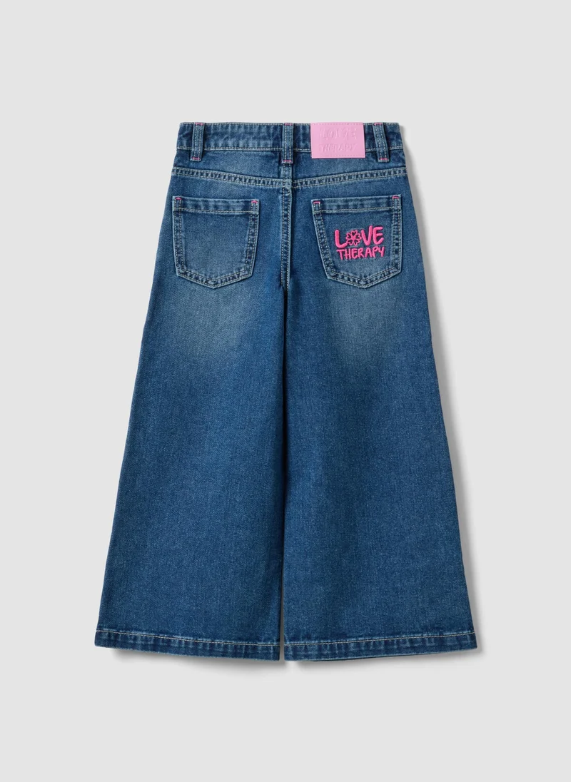 Ovs OVS Blue Wide-Leg Pure Cotton Jeans With Floral Print For Girls