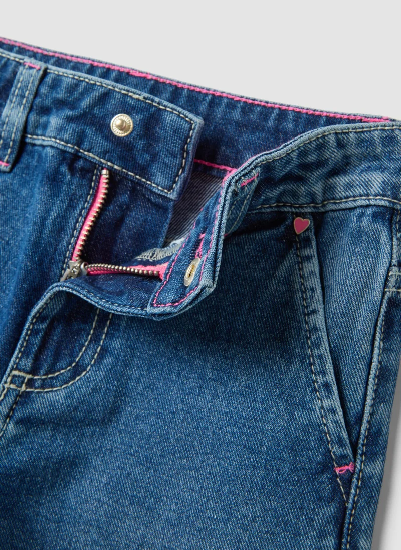 Ovs  OVS Blue Wide-Leg Pure Cotton Jeans With Floral Print For Girls for Women | Best Price UAE