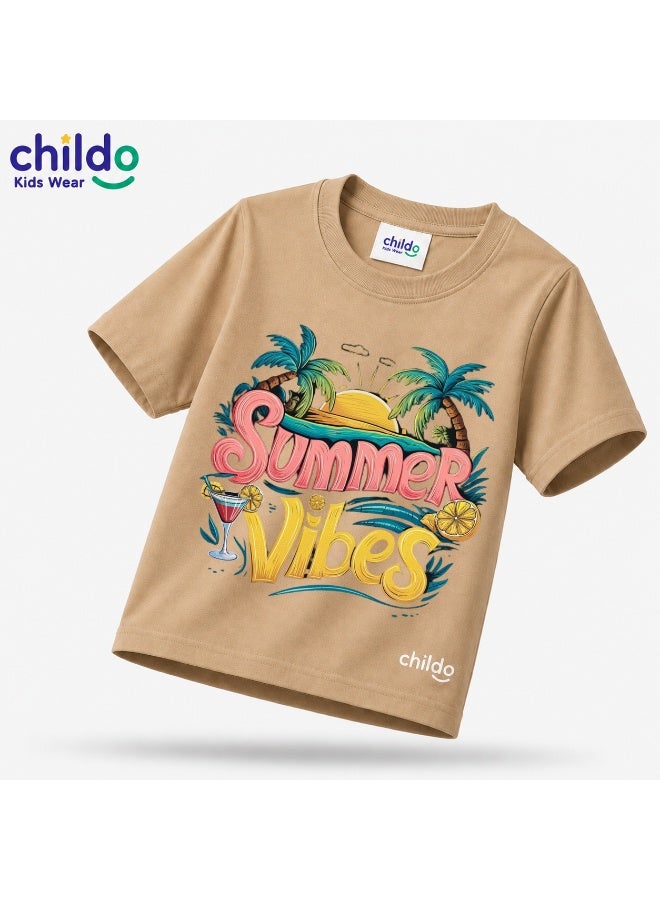 تيشيرت أطفال Childo Kids Wear صيفي بطبعة "Summer Vibes" مع شاطئ ونخيل