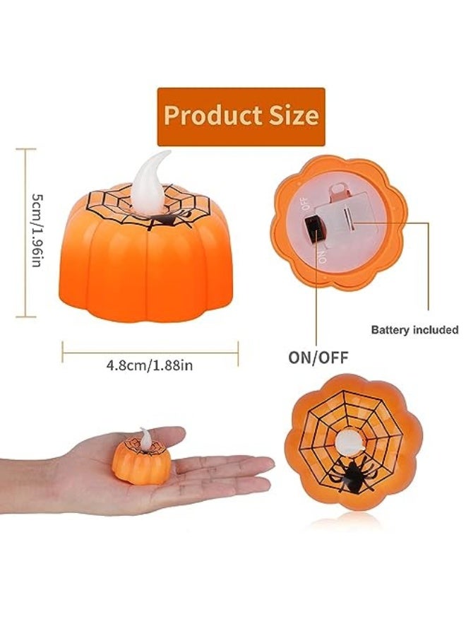 12 Pack Halloween Pumpkin Tealights Candles with Spider Web Decor, LED Pumpkin Lights, Flame Less Candle Battery Operated Lanterns Table Decorations for Halloween, Indoor and Outdoor Home Déc - Image 2