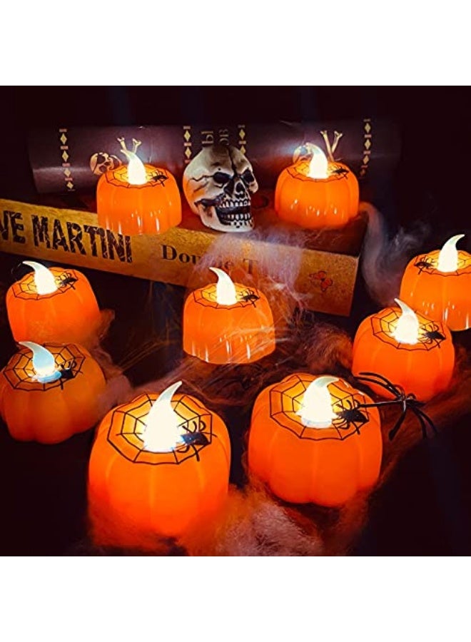 12 Pack Halloween Pumpkin Tealights Candles with Spider Web Decor, LED Pumpkin Lights, Flame Less Candle Battery Operated Lanterns Table Decorations for Halloween, Indoor and Outdoor Home Déc - Image 1