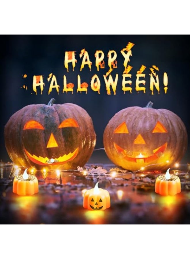 12 Pack Halloween Pumpkin Tealights Candles with Spider Web Decor, LED Pumpkin Lights, Flame Less Candle Battery Operated Lanterns Table Decorations for Halloween, Indoor and Outdoor Home Déc - Image 4