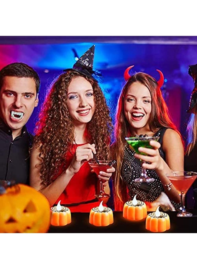 12 Pack Halloween Pumpkin Tealights Candles with Spider Web Decor, LED Pumpkin Lights, Flame Less Candle Battery Operated Lanterns Table Decorations for Halloween, Indoor and Outdoor Home Déc - Image 5