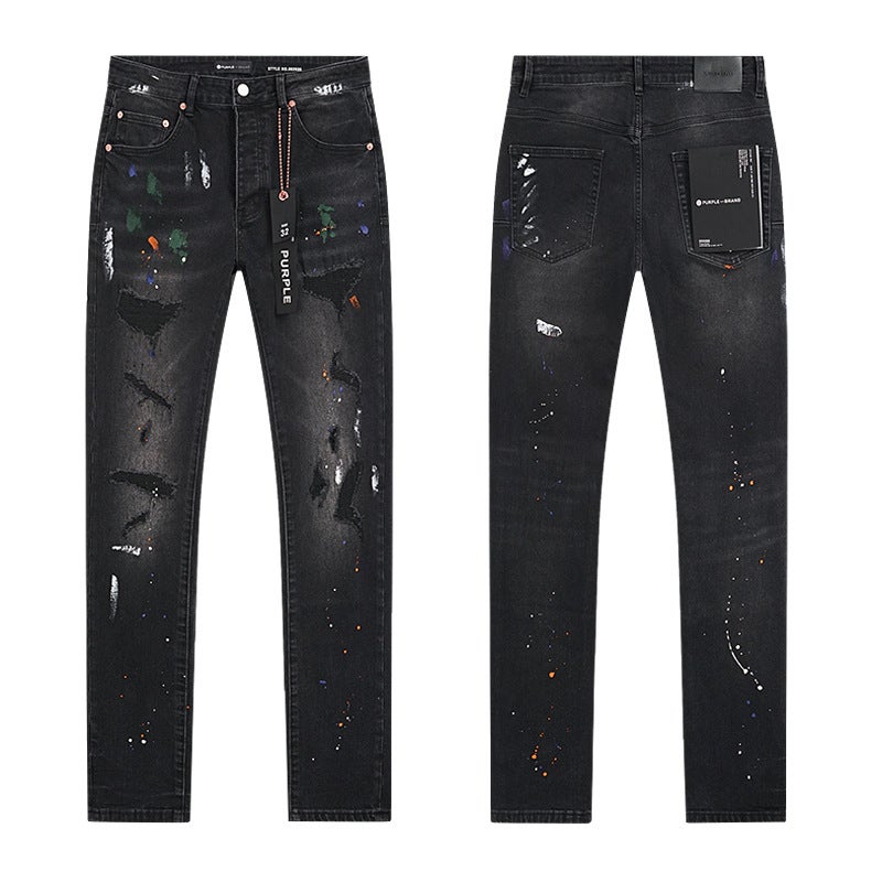 Spring And Style Purple Splash-Ink Ripped American High Street Skinny Jeans Unisex - Image 3