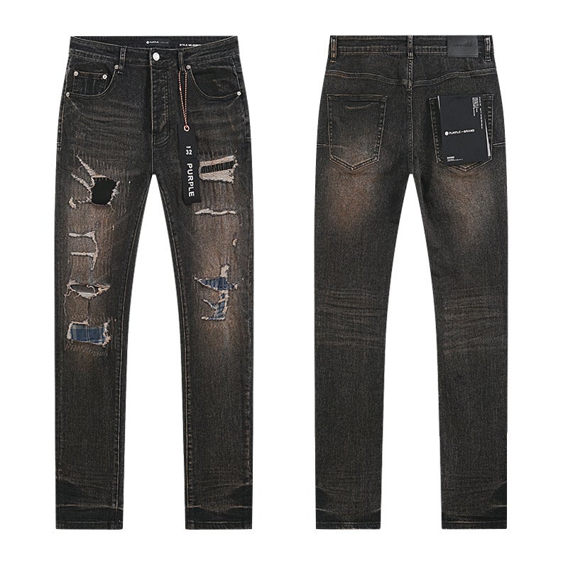 Spring And Style Purple Splash-Ink Ripped American High Street Skinny Jeans Unisex - Image 2