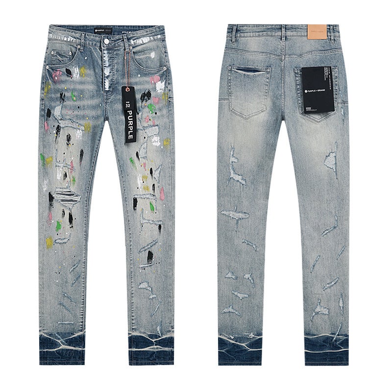 Spring And Style Purple Splash-Ink Ripped American High Street Skinny Jeans Unisex - Image 1