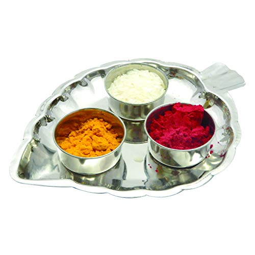 YADNESH Haldi Kumkum Holder Containers Pooja Thali Set Stainless Steel Haldi Kumkum Holder Stand Leaf Shaped Thali Festival Puja Plate Container 3 Bowls Kumkum Stand Returns Gift - Image 1