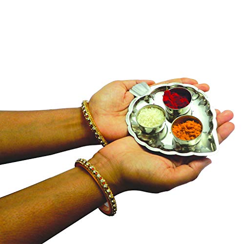 YADNESH Haldi Kumkum Holder Containers Pooja Thali Set Stainless Steel Haldi Kumkum Holder Stand Leaf Shaped Thali Festival Puja Plate Container 3 Bowls Kumkum Stand Returns Gift - Image 5