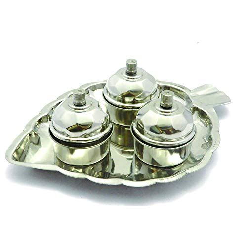 YADNESH Haldi Kumkum Holder Containers Pooja Thali Set Stainless Steel Haldi Kumkum Holder Stand Leaf Shaped Thali Festival Puja Plate Container 3 Bowls Kumkum Stand Returns Gift - Image 2