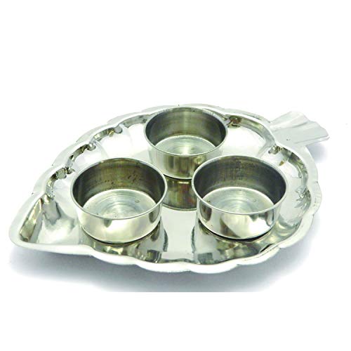 YADNESH Haldi Kumkum Holder Containers Pooja Thali Set Stainless Steel Haldi Kumkum Holder Stand Leaf Shaped Thali Festival Puja Plate Container 3 Bowls Kumkum Stand Returns Gift - Image 4