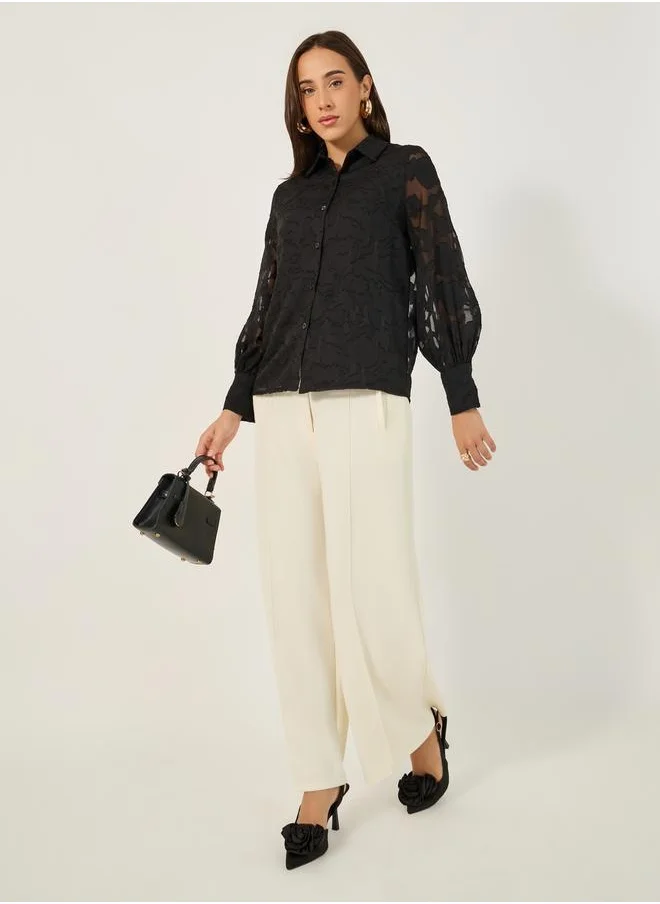 ستايلي Textured Balloon Sleeve Spread Collar Lace Shirt