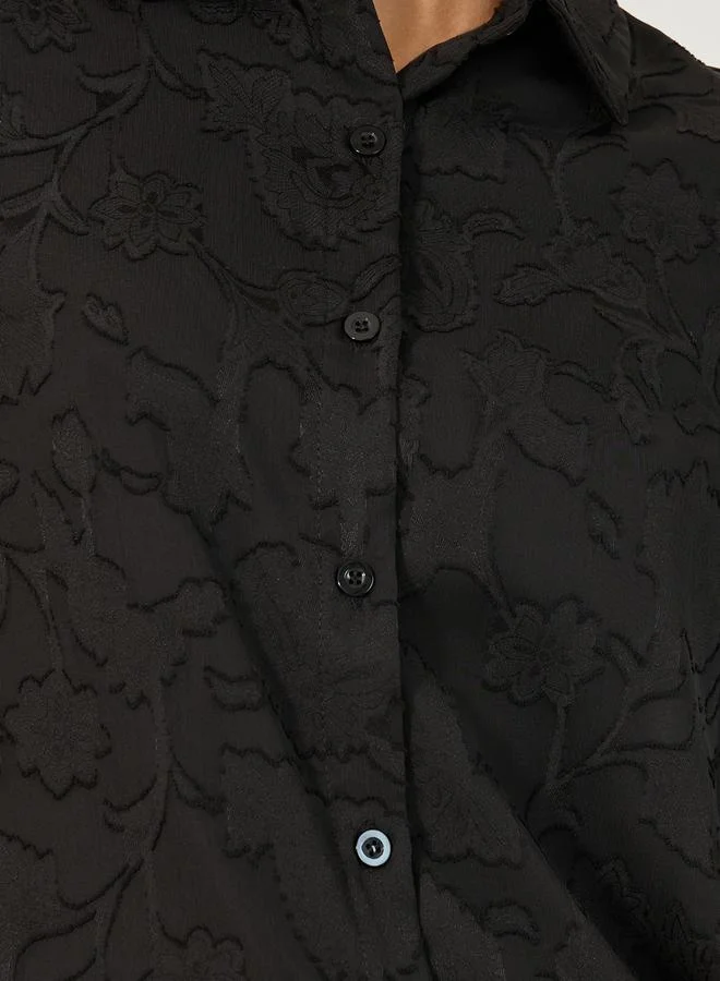 Styli Textured Balloon Sleeve Spread Collar Lace Shirt