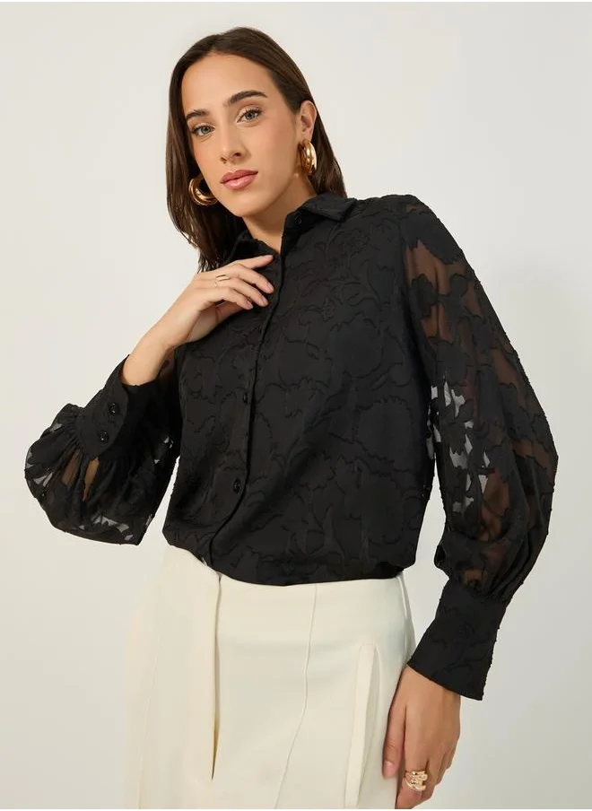 ستايلي Textured Balloon Sleeve Spread Collar Lace Shirt