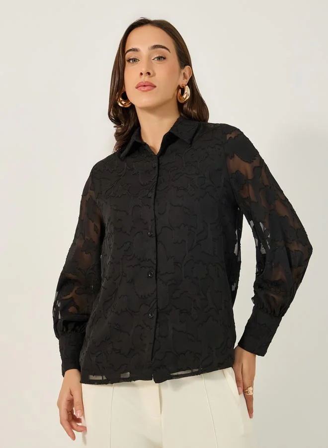 Styli Textured Balloon Sleeve Spread Collar Lace Shirt