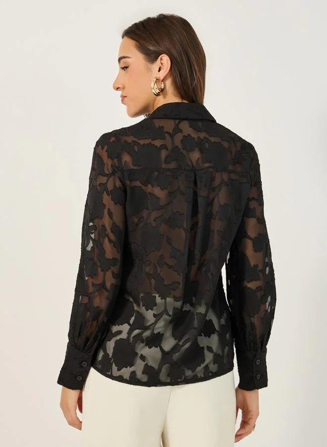 Styli Textured Balloon Sleeve Spread Collar Lace Shirt