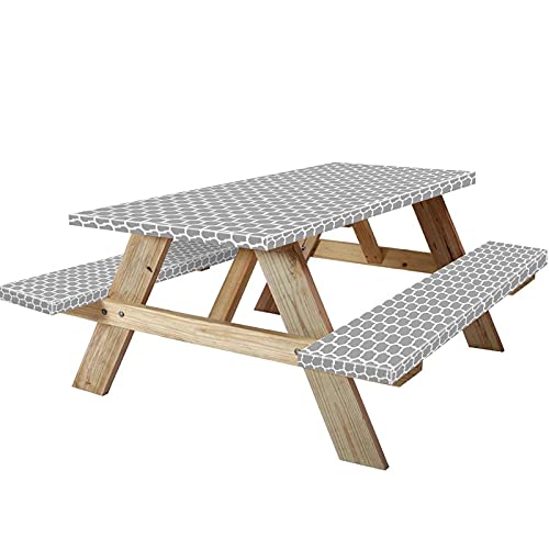 KENOBEE غطاء طاولة ومقعد كينوبى 6 أقدام لرحلات النزهة وضروريات التخييم ومعدات RV 72 بوصة مقاوم للماء والرياح خارجي مرن حول الطاولة مخصص للطاولات والمقاعد المستطيلة رمادي أبيض مغربي