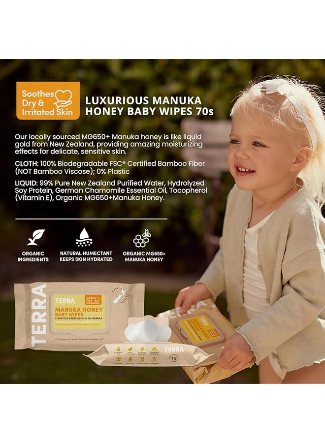 Terra Manuka Honey Baby Wipes 100% Biodegradable Wipes Soft Cleansing Premium Baby Wipes With Chamomile Oil And Vitamin E Travel Pack 70 Wipes (Pack Of 12) - Image 3