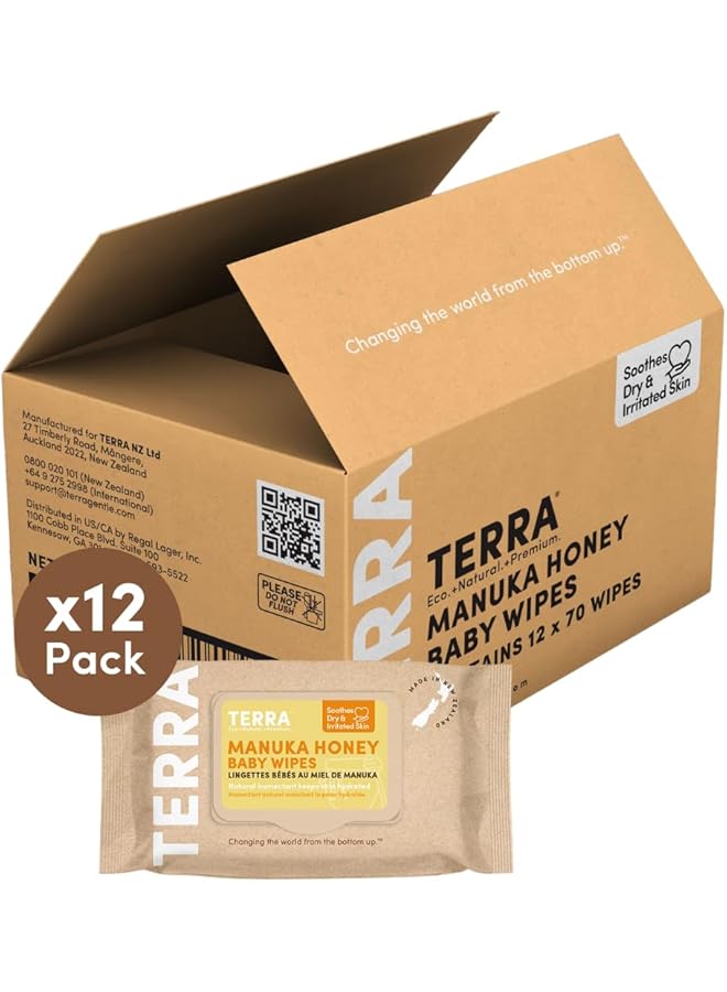 Terra Manuka Honey Baby Wipes 100% Biodegradable Wipes Soft Cleansing Premium Baby Wipes With Chamomile Oil And Vitamin E Travel Pack 70 Wipes (Pack Of 12) - Image 1