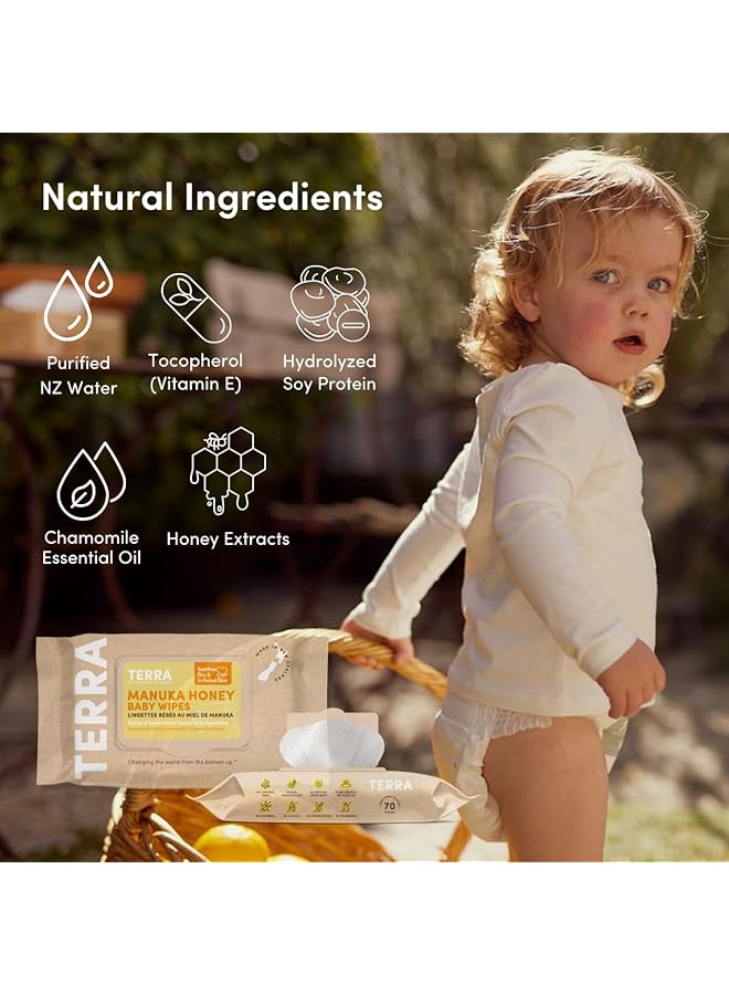 Terra Manuka Honey Baby Wipes 100% Biodegradable Wipes Soft Cleansing Premium Baby Wipes With Chamomile Oil And Vitamin E Travel Pack 70 Wipes (Pack Of 12) - Image 4