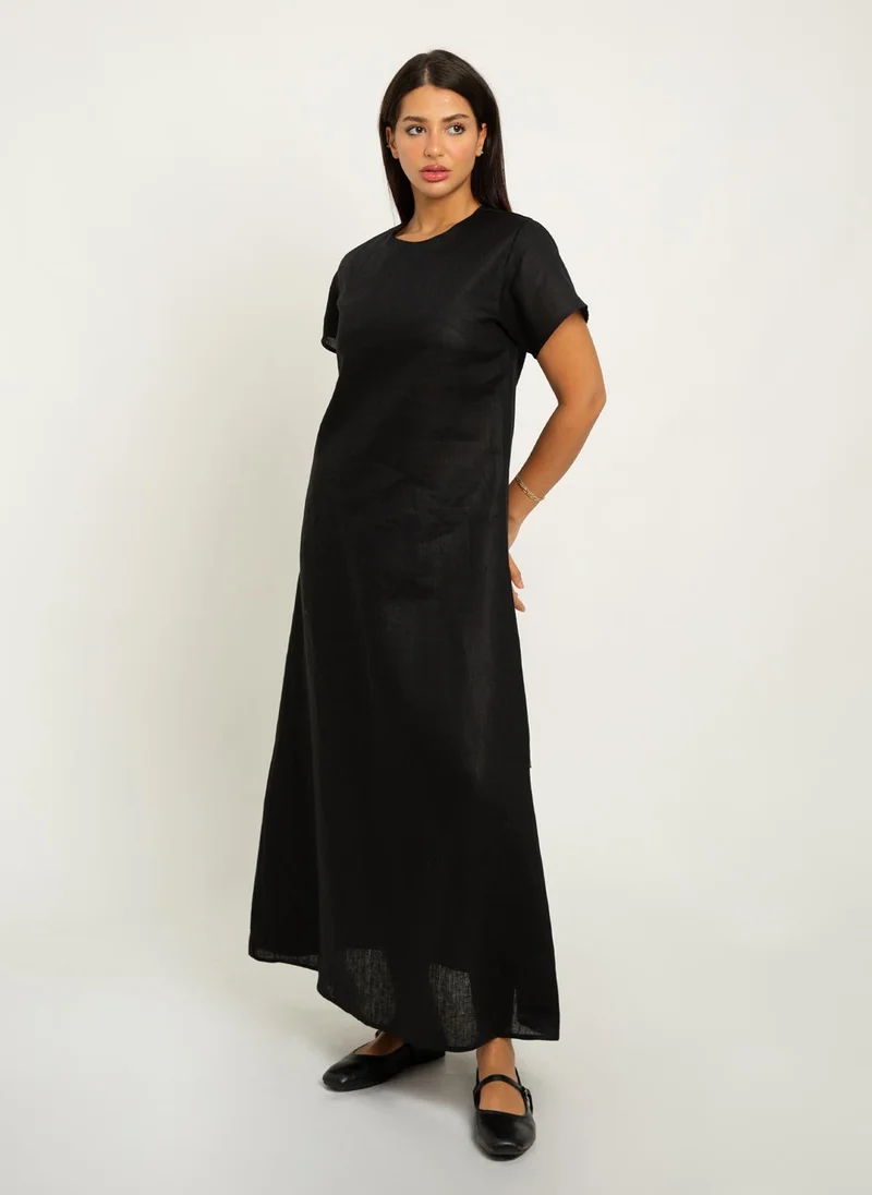 Kaafmeem Black Short Sleeves Linen Dress
