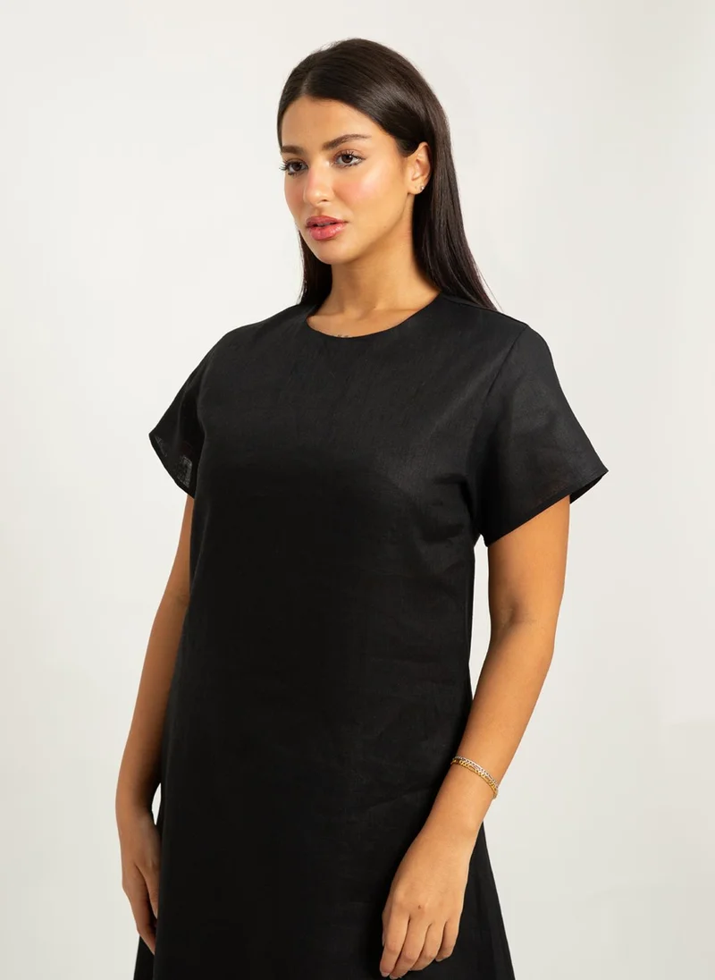 Kaafmeem Black Short Sleeves Linen Dress