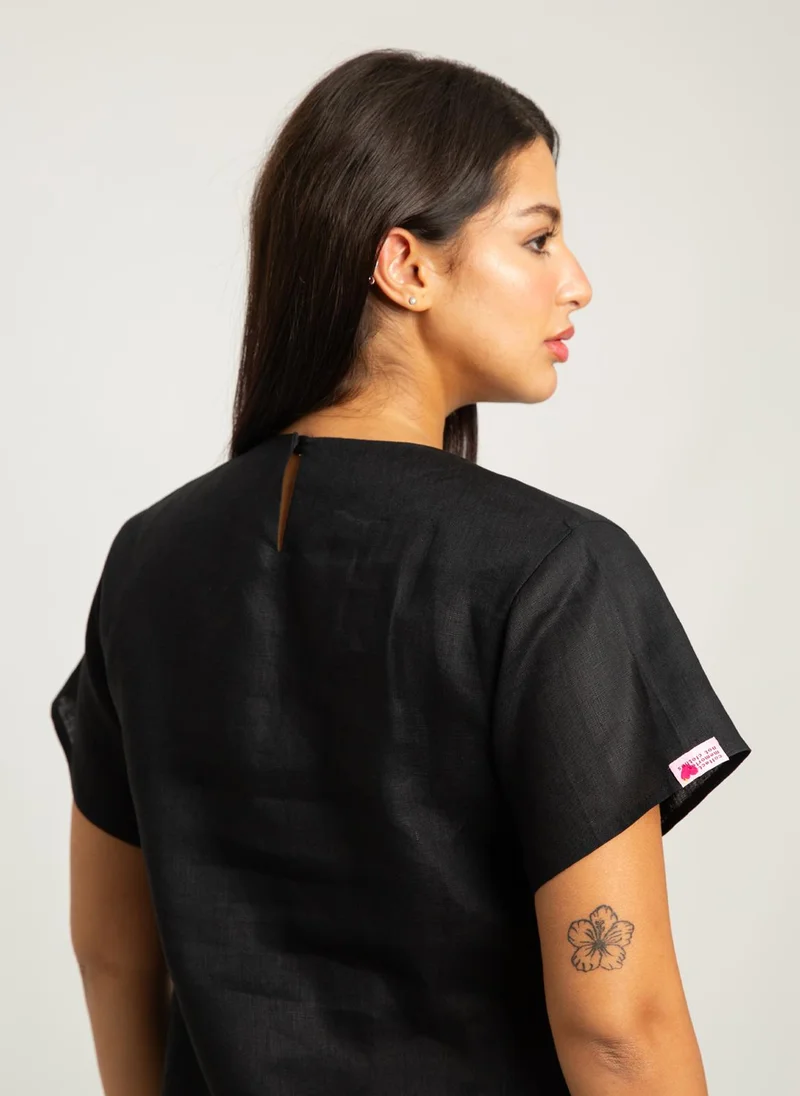 Kaafmeem Black Short Sleeves Linen Dress