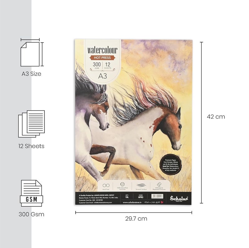 Scholar Watercolour Hot Pressed Paper Pad (Glued) (12 Sheets, 300 GSM Thick Professional Watercolour Paper) (A3) - Image 2