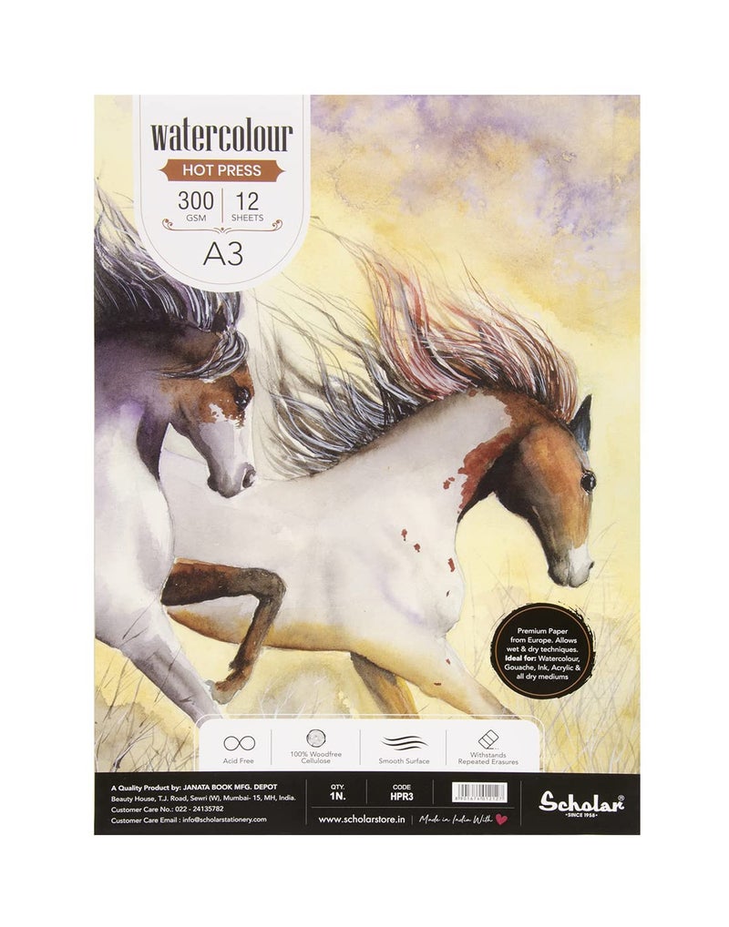 Scholar Watercolour Hot Pressed Paper Pad (Glued) (12 Sheets, 300 GSM Thick Professional Watercolour Paper) (A3) - Image 1