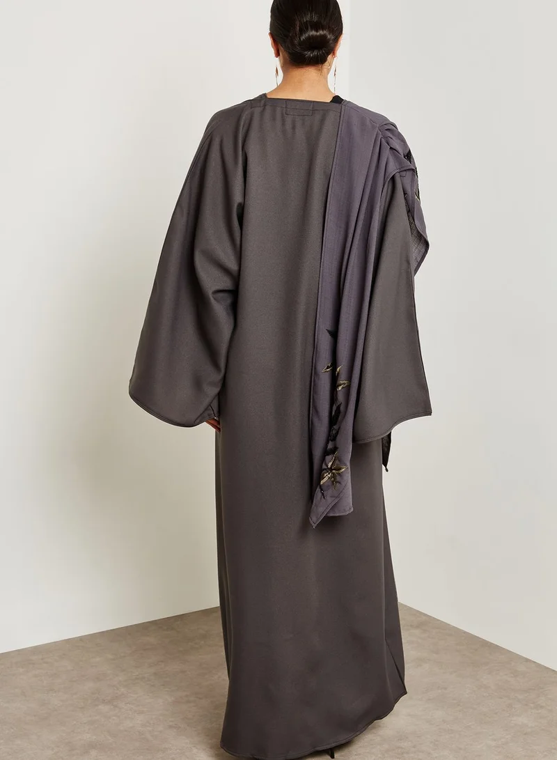 hayas closet Shawl Look One Side Embroidered Abaya