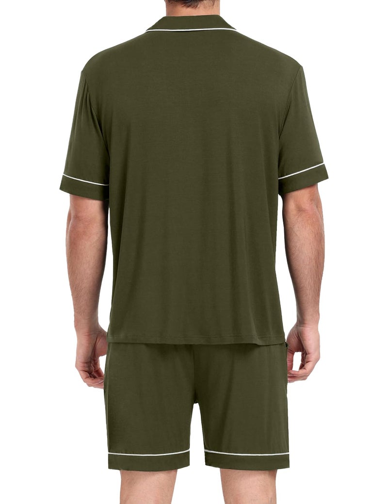 YOPUGEE Mens Pajama sSet Short Sleeve 2PCS Sleepwear Classic Button Down Loungewear Set Soft Modal Pj Set with Pockets, Olive Green-XL - Image 2
