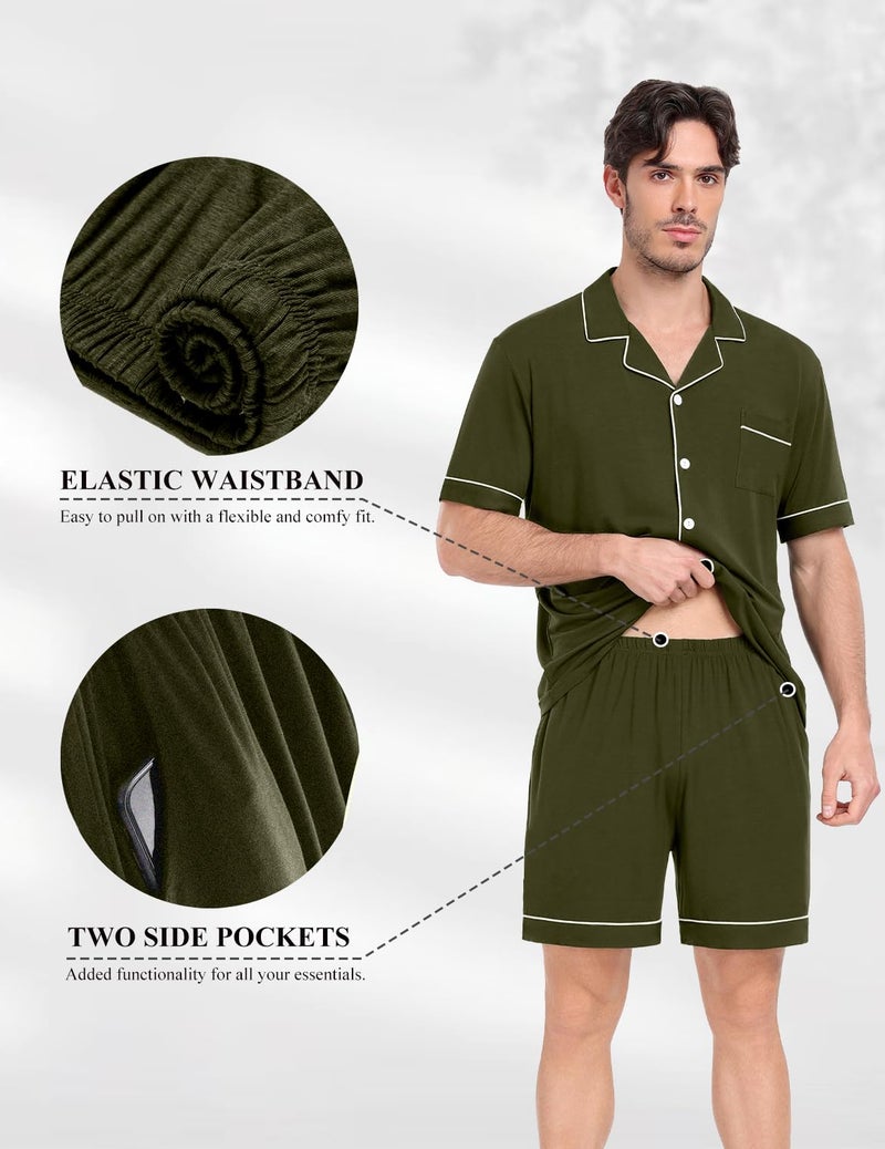 YOPUGEE Mens Pajama sSet Short Sleeve 2PCS Sleepwear Classic Button Down Loungewear Set Soft Modal Pj Set with Pockets, Olive Green-XL - Image 4