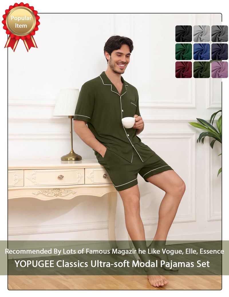YOPUGEE Mens Pajama sSet Short Sleeve 2PCS Sleepwear Classic Button Down Loungewear Set Soft Modal Pj Set with Pockets, Olive Green-XL - Image 5