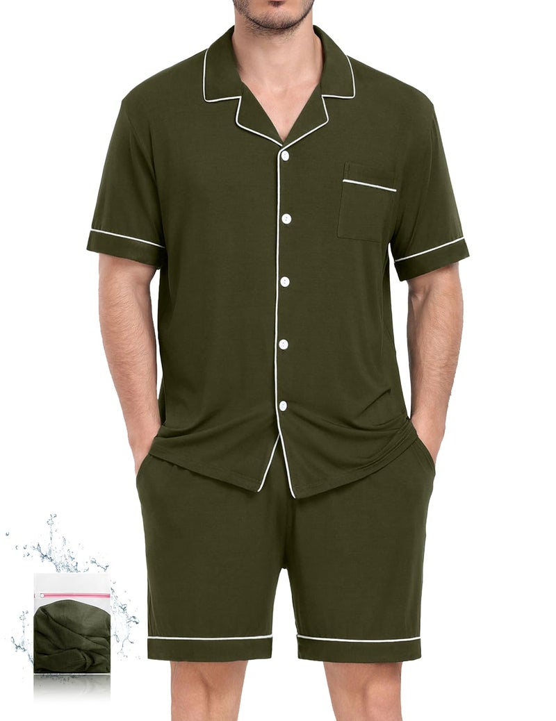 YOPUGEE Mens Pajama sSet Short Sleeve 2PCS Sleepwear Classic Button Down Loungewear Set Soft Modal Pj Set with Pockets, Olive Green-XL - Image 1