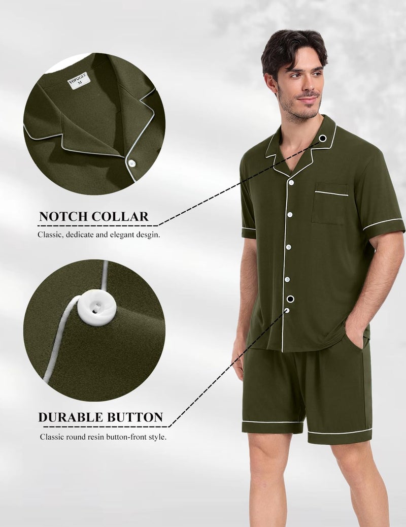 YOPUGEE Mens Pajama sSet Short Sleeve 2PCS Sleepwear Classic Button Down Loungewear Set Soft Modal Pj Set with Pockets, Olive Green-XL - Image 3