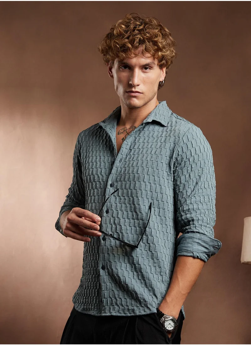Campus Sutra Campus Sutra Men's Steel Blue Obelisk -Tactile Shirt For Casual Wear | Spread Collar | Long Cuffed Sleeves | Button Closure | Shirt Crafted With Comfort Fit For Everyday Wear