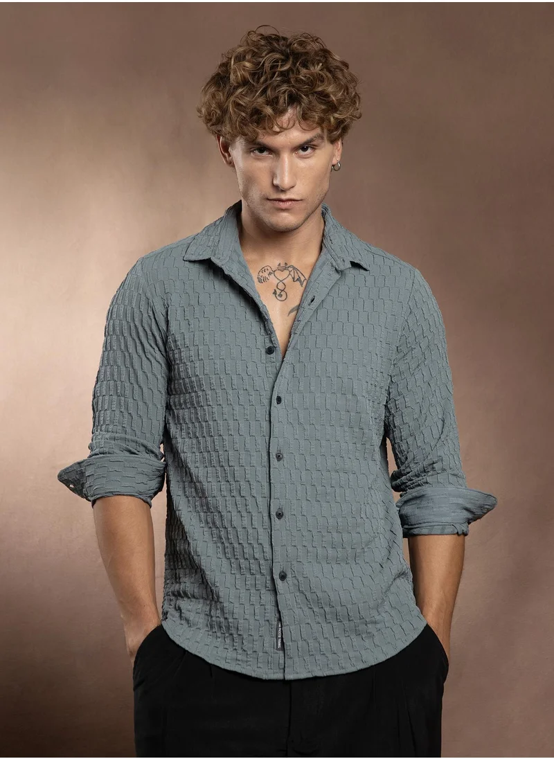 Campus Sutra Campus Sutra Men's Steel Blue Obelisk -Tactile Shirt For Casual Wear | Spread Collar | Long Cuffed Sleeves | Button Closure | Shirt Crafted With Comfort Fit For Everyday Wear