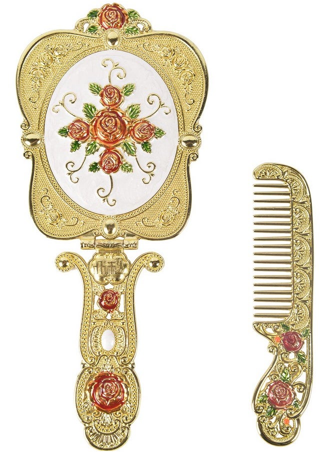 Nerien Antique Mirror Comb Set Vintage Metal Handheld Makeup Mirror With A Comb Russian Style Embossed Rose Hand Mirror Travel Portable Foldable Mirror Decorative Tabletop Stand Mirror Gold1  - Image 1
