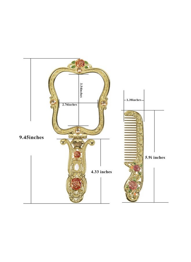 Nerien Antique Mirror Comb Set Vintage Metal Handheld Makeup Mirror With A Comb Russian Style Embossed Rose Hand Mirror Travel Portable Foldable Mirror Decorative Tabletop Stand Mirror Gold1  - Image 2