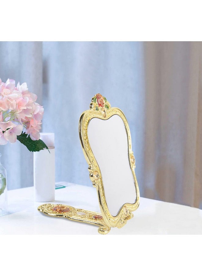 Nerien Antique Mirror Comb Set Vintage Metal Handheld Makeup Mirror With A Comb Russian Style Embossed Rose Hand Mirror Travel Portable Foldable Mirror Decorative Tabletop Stand Mirror Gold1  - Image 4