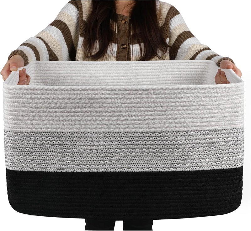 OIAHOMY Large Cotton Rope Basket, Rectangle Woven Baskets for Storage, Nursery Blanket Basket Living Room, Toy Basket With Handle, Large Baskets for Organizing-22”x17”x12”-Gradient Black - Image 1