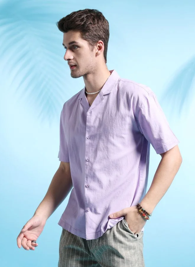 The Indian Garage Co Men Relaxed Fit Solid Half Sleeves Cuban Collar Resort Wear Shirt