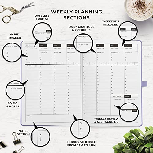 Smart Planner Pro – Undated Daily Planner – Small A5 – Achieve Goals & Increase Productivity – Weekly, Monthly, Work Sections, Organizer Diary with Back Pocket, 3 Satin Bookmarks & Pen Holder - Image 4