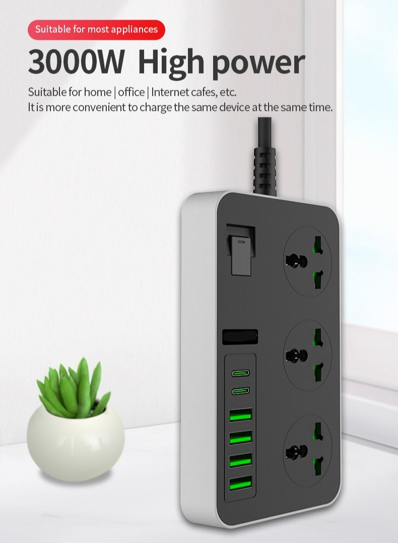 مقبس طاقة متعدد الوظائف مع USB، سلك تمديد 2 متر، 250 فولت، لوحة توصيل منزلية للمكتب، مقبس طاقة ذكي عالي الطاقة - Image 2