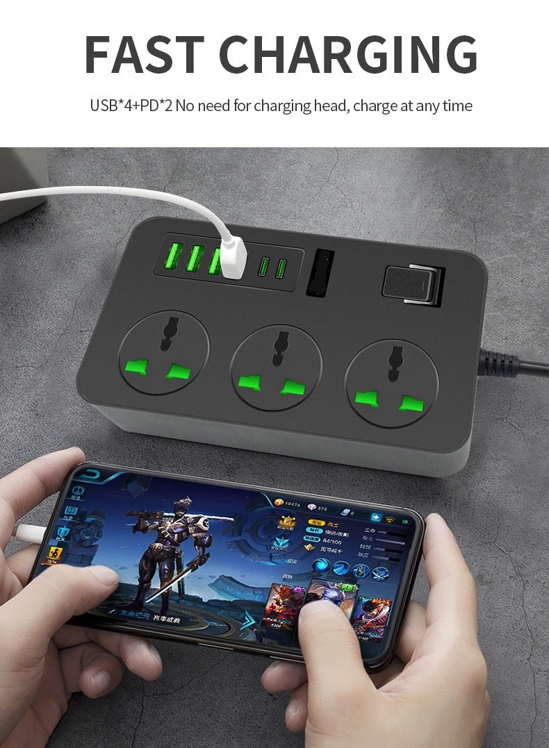 مقبس طاقة متعدد الوظائف مع USB، سلك تمديد 2 متر، 250 فولت، لوحة توصيل منزلية للمكتب، مقبس طاقة ذكي عالي الطاقة - Image 4